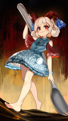 Rule 34 | 1girl, absurdres, barefoot, blue dress, dress, feet, from below, highres, holding, holding spork, horns, kourou (kouroukun), looking at viewer, oversized object, red eyes, red horns, smile, solo, spork, toes, touhou, toutetsu yuuma, white hair