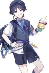 1boy :d aqua_bow aqua_necktie aqua_trim bag bead_bracelet beads belt beret black_shorts black_wristband bow bracelet chain coffee collared_shirt cup disposable_cup drinking_straw emblem feathers genshin_impact gold grey_vest hat highres holding holding_cup iced_coffee jewelry knees looking_at_viewer male_focus necktie o-ring open_mouth parted_bangs pom_pom_(clothes) purple_eyes purple_hair purple_hat purple_trim scaramouche_(genshin_impact) shirt short_sleeves shorts shoulder_bag sien1009 smile solo tongue tongue_out twitter_username vest vision_(genshin_impact) wanderer_(genshin_impact) wanderer_(mega_mgc_coffee)_(genshin_impact) white_background white_shirt white_sleeves wristband