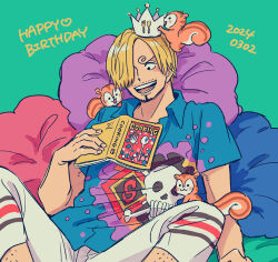 Rule 34 | 1boy, 2024, blonde hair, blue shirt, book, crown, dated, english text, facial hair, feet, fork, goatee, green background, hair over one eye, happy birthday, hatch (8cco), holding, holding book, mustache, one piece, open mouth, sanji (one piece), shirt, short hair, skull and crossbones, skull print, smile, spoon, squirrel