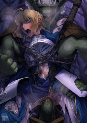 Rule 34 | absurdres, artoria pendragon (all), artoria pendragon (fate), blonde hair, censored, chain, clenched teeth, defeat, fate (series), goblin, goblin male, green eyes, highres, injury, monster, penis, rape, ryona, saber (fate), shitappa0120, teeth, torn clothes, vaginal