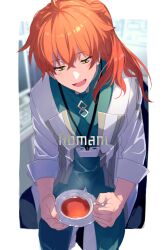 Rule 34 | 1boy, ahoge, border, character name, coat, commentary request, cup, echo (circa), fate/grand order, fate (series), green eyes, hair between eyes, half-closed eyes, holding, holding cup, holding plate, id card, lab coat, long hair, male focus, open clothes, open coat, open mouth, orange hair, outside border, plate, ponytail, romani archaman, sitting, smile, solo, teacup, twitter username, white border