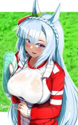 Rule 34 | 1girl, a.nori, animal ears, artist name, blue hair, blurry, blurry background, blush, braid, breasts, commentary request, crown braid, ear ornament, grass, highres, holding, holding towel, horse ears, horse girl, horse tail, jacket, large breasts, light blue hair, long hair, long sleeves, mejiro ardan (umamusume), open mouth, outdoors, pants, partially unzipped, purple eyes, red jacket, shirt, smile, solo, sweat, tail, towel, tracen training uniform, track jacket, track pants, umamusume, very long hair, white shirt