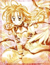 Rule 34 | 1990s (style), 1girl, absurdres, angel wings, brown hair, feathered wings, feathers, floating hair, framed, gloves, hair between eyes, highres, ink (medium), kamikaze kaitou jeanne, kusakabe maron, long hair, long sleeves, looking at viewer, marker (medium), official art, puffy long sleeves, puffy sleeves, retro artstyle, ribbon, scan, sitting, solo, tanemura arina, traditional media, wariza, white theme, wings