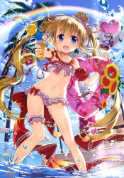 Rule 34 | 1girl, :d, absurdres, armpits, arms up, barefoot, bikini, bird, black eyes, blonde hair, blue-framed eyewear, blue eyes, blue sky, boat, bow, bow bikini, bridal garter, brooch, cardfight!! vanguard, character request, cloud, cloudy sky, collarbone, colorful, creature, crown, day, diving mask, fish, flat chest, flower, flower on head, frilled bikini, frilled swimsuit, frills, fujima takuya, gluteal fold, goggles, hair between eyes, hand up, heart, heart-shaped gem, heart-shaped innertube, highres, holding, holding swim ring, holding water gun, innertube, jewelry, key hair ornament, long hair, looking at viewer, male swimwear, navel, neck ribbon, necklace, official art, one-piece swimsuit, open mouth, outdoors, pacifica (cardfight!! vanguard), palm tree, penguin, pigeon-toed, pink bikini, pink brooch, pink innertube, pink lips, polka dot, polka dot bikini, rainbow, red bow, red garter, red male swimwear, red swim trunks, ribbon, scan, sky, smile, striped male swimwear, striped ribbon, striped swim trunks, sunflower, swim ring, swim trunks, swimsuit, tongue, tree, twintails, water, water gun, watercraft, white frills, white male swimwear, white polka dots, white swim trunks, yellow flower