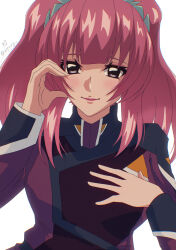Rule 34 | 1girl, absurdres, agnes giebenrath, blush, breasts, gundam, gundam seed, gundam seed freedom, hair ornament, hand on own chest, heart, heart hands, highres, lipstick, long hair, looking at viewer, makeup, medium breasts, military, military uniform, pink hair, purple eyes, smile, solo, twintails, uniform, wprrg