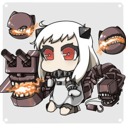 Rule 34 | 10s, 1girl, abyssal ship, chibi, highres, horns, kantai collection, looking at viewer, machinery, northern ocean princess, pale skin, red eyes, shokuyou pants, sitting, solo, teeth, turret, white hair