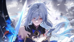 Rule 34 | 1girl, blue dress, breasts, cleavage, closed mouth, cloud, cloudy sky, commentary request, detached sleeves, dress, floating hair, grey sky, hair over one eye, high ponytail, highres, holding, holding sword, holding weapon, honkai: star rail, honkai (series), jingliu (honkai: star rail), long hair, looking at viewer, marumoru, red eyes, reverse grip, serious, sidelocks, sky, solo, sword, upper body, weapon, wind