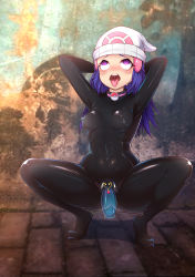 Rule 34 | 1girl, absurdres, ahegao, blue hair, blush, bodysuit, breasts, creatures (company), dawn (pokemon), dildo, game freak, hat, highres, long hair, medium breasts, navel, nintendo, nipples, open mouth, pokemon, pokemon dppt, purple eyes, pussy, sex toy, shiny skin, tongue, tongue out, uncensored, uvula, yuehua yinxue