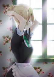 Rule 34 | 1girl, adjusting hair, apron, arms up, black ribbon, blonde hair, commentary request, closed eyes, frilled apron, frills, from side, hair bun, hazuki natsu, indoors, maid, neck ribbon, original, ribbon, short sleeves, single hair bun, solo, waist apron, wallpaper (object), white apron, window