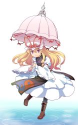 Rule 34 | 1girl, blonde hair, boots, bow, cross-laced footwear, dress, frilled dress, frilled sleeves, frills, hair tie, haniwa (leaf garden), hat, hat bow, highres, holding, holding umbrella, lace-up boots, long hair, long sleeves, looking at viewer, mob cap, pantyhose, red eyes, sidelocks, smile, solo, standing, standing on liquid, touhou, umbrella, water, wide sleeves, yakumo yukari, yakumo yukari (young), yin yang, aged down