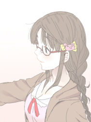 Rule 34 | 1girl, animal hair ornament, blush, bow, braid, breasts, brown eyes, brown hair, brown jacket, cleavage, closed mouth, collarbone, freckles, from side, glasses, gradient background, hair bow, hair ribbon, hand up, haruichi (komikal), idolmaster, idolmaster cinderella girls, idolmaster cinderella girls starlight stage, jacket, long hair, long sleeves, looking at another, medium breasts, neck ribbon, okuyama saori, pink shirt, red ribbon, ribbon, shirt, simple background, smile, solo, white background, yellow ribbon