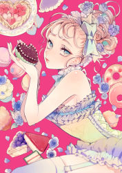 Rule 34 | 1girl, absurdres, blue eyes, blue flower, blue rose, bow, commentary request, cross-laced clothes, doughnut, fingernails, flower, food, frilled shirt collar, frills, from side, fruit, garter straps, hair bow, hair bun, hair flower, hair ornament, highres, holding, lips, looking at viewer, macaron, nail polish, original, parted lips, petals, pink background, pink nails, remon (10112), rose, single hair bun, solo, strawberry, sweets, tart (food), thighhighs