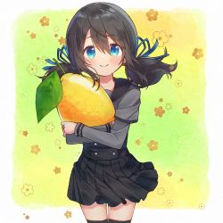 Rule 34 | 1girl, black hair, black sailor collar, black shirt, black thighhighs, blouse, blue eyes, blue ribbon, blush, chiaki riko, child, cowboy shot, floral background, flower (symbol), food, framed, fruit, green background, grey shirt, hugging object, jewelry, kosho academy school uniform, layered sleeves, lemon, long sleeves, looking at viewer, low twintails, magia record: mahou shoujo madoka magica gaiden, mahou shoujo madoka magica, medium hair, outside border, oversized food, oversized object, pleated skirt, ribbon, ring, ruru (rurumagi), sailor collar, school uniform, serafuku, shirt, short over long sleeves, short sleeves, simple background, skirt, smile, solo, thighhighs, twintails, wind, zettai ryouiki