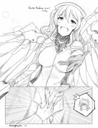 Rule 34 | 1boy, 1girl, 2koma, blush, bodysuit, comic, cosplay, crossover, english text, gloves, greyscale, halo, highres, holding, holding staff, kantai collection, kashima (kancolle), mechanical halo, mechanical wings, mercy (overwatch), mercy (overwatch) (cosplay), monochrome, overwatch, overwatch 1, smile, so moe i&#039;m gonna die!, spread wings, staff, twintails, wangphing, wings