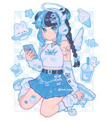 Rule 34 | 1girl, angel wings, bare shoulders, belt, black belt, black hair, blue eyes, blue hair, blue nails, blue skirt, blue theme, braid, cellphone, cellphone charm, chain belt, charm (object), crescent moon, cross-laced clothes, cross-laced skirt, cup, disposable cup, double bun, drink, emily kim, food, hair bun, hair ornament, halo, headphones, highres, holding, holding phone, ice cream, ice cream cone, jewelry, moon, multicolored hair, necklace, off-shoulder sweater, off shoulder, original, pastel colors, patterned background, phone, rabbit, shirt, shoes, shoulder tattoo, simple background, skirt, sleeveless, sneakers, socks, star (symbol), star hair ornament, star sticker, sticker, sticker on arm, sticker on face, sticker on leg, sweater, tattoo, twin braids, two-tone hair, white footwear, white rabbit (animal), white shirt, white socks, white sweater, wings
