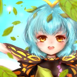 Rule 34 | 1girl, amano jack, antennae, arm up, blue hair, blue sky, blush, butterfly wings, cloud, day, dress, eternity larva, insect wings, layered dress, leaf, leaf on head, light blue hair, looking at viewer, open mouth, outdoors, short hair, sky, solo, touhou, upper body, wings, yellow eyes