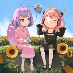 Rule 34 | 2girls, anya (spy x family), balloon, big head, black dress, child, closed eyes, crossover, dress, field, flower, flower field, hairpods, headphones, highres, mary janes, multiple girls, musical note, outdoors, pantyhose, phone, pink dress, pink hair, purple hair, shoes, snail girl, snail shell, snailchan, snails house, spy x family, sunflower, sunflower field, teasmacker
