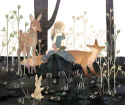 Rule 34 | 1girl, animal, black footwear, black legwear, blonde hair, blue dress, boots, clover, collared dress, deer, dress, expressionless, flower, fox, grass, grey eyes, hand on own face, looking at animal, low twintails, medium hair, original, outdoors, rabbit, short sleeves, sitting, sitting on tree stump, solo, squirrel, tono (rt0no), tree, tree stump, twintails