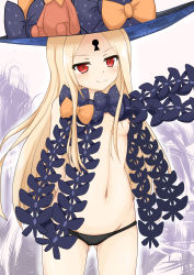 Rule 34 | 1girl, abigail williams (fate), abigail williams (second ascension) (fate), absurdres, arms behind back, black bow, black hat, black panties, blonde hair, blush, bow, breasts, closed mouth, cowboy shot, fate/grand order, fate (series), gluteal fold, groin, hat, hat bow, highres, keyhole, kinnikku, long hair, navel, nipples, orange bow, panties, parted bangs, polka dot, polka dot bow, red eyes, revealing clothes, small breasts, smile, solo, stuffed animal, stuffed toy, teddy bear, topless, underwear, very long hair, witch hat
