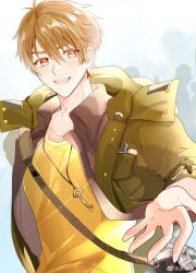 Rule 34 | 1boy, :d, brown eyes, brown hair, camera, green jacket, h haluhalu415, highres, jacket, jewelry, key, luke pearce (tears of themis), male focus, necklace, open mouth, shirt, short hair, smile, solo, tears of themis, upper body, yellow shirt