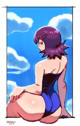 Rule 34 | 1girl, 2019, alternate breast size, arm support, artist name, ass, ass focus, blue one-piece swimsuit, blue sky, butt crack, creatures (company), curvy, dated, dreaminerryday, expressionless, game freak, hand on own hip, highres, huge ass, looking at viewer, looking back, nintendo, one-piece swimsuit, philena ivy, pokemon, pokemon (anime), pokemon (classic anime), purple eyes, purple hair, shiny clothes, shiny skin, skindentation, sky, solo, strapless, strapless one-piece swimsuit, swimsuit, wide hips