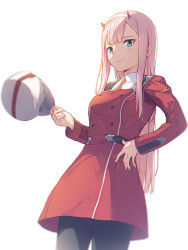 Rule 34 | 10s, 1girl, baseball cap, black pantyhose, blush, breasts, buttons, coat, cowboy shot, darling in the franxx, double-breasted, fake horns, from below, green eyes, hairband, hand on own hip, hat, unworn hat, unworn headwear, highres, holding, holding clothes, holding hat, horns, lips, long hair, long sleeves, looking at viewer, medium breasts, mikazuchi zeus, necktie, pantyhose, pink hair, red coat, simple background, solo, standing, straight hair, white background, white hairband, yellow necktie, zero two (darling in the franxx)