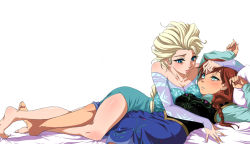 Rule 34 | 2girls, anna (frozen), barefoot, blonde hair, blue dress, blue eyes, blush, braid, breasts, brown hair, dress, elsa (frozen), eye contact, feet, freckles, frozen (disney), fujimaru (kinakomucch), incest, long hair, looking at another, lying, multiple girls, off shoulder, on back, on bed, siblings, simple background, sisters, smile, toes, white background, yuri