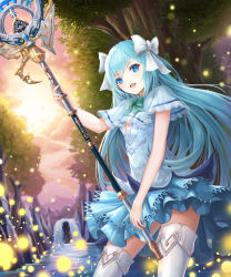 Rule 34 | 1girl, :d, aqua hair, bad id, bad pixiv id, bare arms, blue dress, blue eyes, boots, bow, bowtie, breasts, capelet, cleavage, cleavage cutout, clothing cutout, cloud, cloudy sky, contrapposto, cowboy shot, crystal, day, dress, fantasy, gem, green bow, green bowtie, hair bow, hand up, highres, holding, holding staff, holding weapon, lace trim, layered dress, light particles, long hair, looking at viewer, looking to the side, lunacle, magical girl, medium breasts, mountain, open mouth, original, outdoors, river, rock, scenery, sky, sleeveless, sleeveless dress, smile, solo, staff, standing, thigh boots, thighhighs, tree, water, waterfall, weapon, white bow, white footwear, wind, zettai ryouiki
