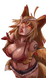 Rule 34 | 1girl, :p, ahoge, animal ears, armband, bad deviantart id, bad id, bankage, blonde hair, breast hold, breasts, cleavage, collarbone, crossed arms, cutoffs, fox ears, fox tail, fur, glowing, glowing eyes, huge ahoge, kaede (bankage), kitsune, large breasts, looking up, multiple tails, original, short hair, short shorts, shorts, slit pupils, solo, strap gap, tail, tattoo, tongue, tongue out, yellow eyes