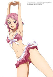 Rule 34 | 1girl, absurdres, aqua inc., armpits, arms up, bikini, blue eyes, breasts, cleavage, collarbone, freckles, groin, hair ornament, hairclip, highres, lisbeth (sao), looking at viewer, medium breasts, megami magazine, navel, official art, pink bikini, pink eyes, pink hair, red eyes, short hair, simple background, smile, solo, swimsuit, sword art online, white background