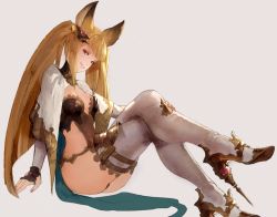 Rule 34 | 10s, 1girl, animal ears, blonde hair, breasts, brown eyes, erune, gloves, granblue fantasy, hair ornament, high heels, long hair, looking at viewer, medium breasts, metera (granblue fantasy), mole, mole under mouth, nail polish, sitting, smile, solo, thighhighs, twintails, white gloves, white thighhighs