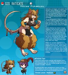 Rule 34 | 1boy, 1girl, animal ears, artist name, belt, belt buckle, breasts, brown eyes, brown hair, buck teeth, buckle, claws, commentary, creatures (company), ear piercing, english commentary, english text, furry, game freak, gen 1 pokemon, grey eyes, hat, highres, jewelry, kinkymation, large breasts, mouse ears, mouse girl, mouse tail, nintendo, piercing, poke ball, pokemon, pokemon (creature), profile, purple hair, raticate, tail, teeth, torn clothes, whiskers