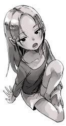 Rule 34 | 1girl, absurdres, barefoot, collarbone, commentary request, forehead, full body, greyscale, highres, knee up, long hair, long sleeves, looking at viewer, monochrome, open mouth, original, parted bangs, shirt, short shorts, shorts, simple background, sitting, solo, white background, yamamoto souichirou