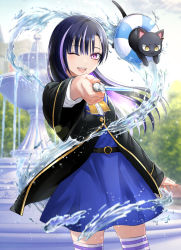 Rule 34 | 1girl, ;d, animal, aria aquarius, black cat, black hair, black jacket, blue skirt, blurry, blurry background, bow, cat, claude sirius, commentary request, depth of field, fangs, fountain, high-waist skirt, highres, holding, holding wand, hydrokinesis, jacket, kuroneko to majo no kyoushitsu, lifebuoy, long hair, looking at viewer, multicolored hair, natsupa, one eye closed, open mouth, outdoors, purple eyes, purple hair, shirt, skirt, smile, standing, streaked hair, striped clothes, striped thighhighs, swim ring, thighhighs, very long hair, wand, water, white shirt, yellow bow