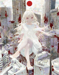 Rule 34 | 1girl, absurdres, aircraft, airplane, animal, bird, blood, blood splatter, blue eyes, blush, building, cloud, cloudy sky, crane (machine), flying, giant, giantess, high heels, highres, crossed legs, light blush, long hair, original, outdoors, painterly, parted lips, sitting, sky, smile, solo, splatter, taiki (luster), white bird, white footwear, white hair, white legwear, white theme