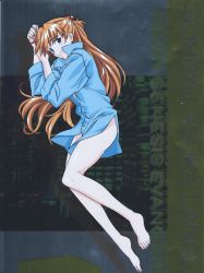 Rule 34 | absurdres, barefoot, blue eyes, blush, bottomless, dress shirt, feet, hair ornament, hairclip, highres, lying, neon genesis evangelion, no pants, pajamas, red hair, scan, scan artifacts, shirt, sleeves rolled up, smile, solo, souryuu asuka langley, toes
