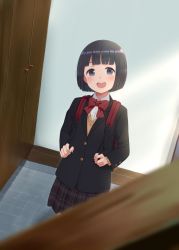 Rule 34 | 1girl, :d, adjusting strap, aged down, backpack, bag, black eyes, black hair, black jacket, blunt bangs, blurry, blurry foreground, bob cut, bow, bowtie, closet, commentary, depth of field, entrance, grey skirt, head tilt, highres, holding strap, indoors, jacket, kyak bamboo, looking at viewer, mochizuki chihiro, open mouth, original, plaid, plaid skirt, pleated skirt, railing, red bag, red bow, red bowtie, round teeth, school uniform, short hair, skirt, smile, solo, standing, sweater vest, teeth, tile floor, tiles, upper teeth only, yellow sweater vest