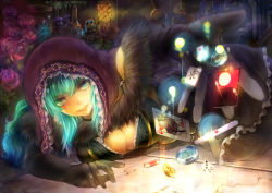 Rule 34 | 1girl, aqua eyes, aqua hair, board game, bottle, breasts, card, chain, cleavage, dice, doll, elbow gloves, flower, food, fruit, fur trim, gears, gloves, grapes, grin, harusame-r, hood, lantern, large breasts, long hair, mahjong, mahjong tile, on floor, original, outstretched arm, playing card, poker chip, riette (luco san), rose, shawl, smile, solo, stone floor