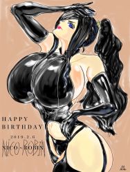 Rule 34 | 1girl, black gloves, breasts, cleavage, cleavage cutout, clothing cutout, dress, full body, gloves, gmotida, hand on own hip, high heels, huge breasts, large breasts, long hair, nico robin, one piece