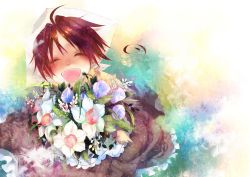 Rule 34 | 1boy, 490, ^ ^, ahoge, apron, arms up, axis powers hetalia, bad id, bad pixiv id, bandana, blush, bouquet, brown hair, child, closed eyes, crossdressing, dress, flower, from above, happy, holding, maid, maid apron, male focus, northern italy (hetalia), skirt, solo