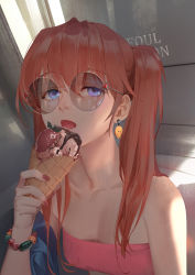 Rule 34 | 1girl, alternate costume, bandeau, bare shoulders, blue eyes, bracelet, brown hair, charm (object), commentary, earrings, food, fruit, ice cream, ice cream cone, jewelry, long hair, looking at viewer, mando, nail polish, neon genesis evangelion, open mouth, smiley face, solo, souryuu asuka langley, strawberry, sunglasses, twintails, two side up, waffle cone