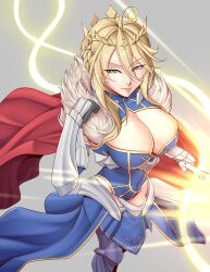 Rule 34 | armor, artoria pendragon (fate), artoria pendragon (lancer) (fate), artoria pendragon (lancer) (first ascension) (fate), blonde hair, blue dress, braid, breasts, cape, cleavage, cleavage cutout, cleru (cleruuuuu), clothing cutout, covered navel, crown, dress, fate/grand order, fate (series), from above, fur-trimmed dress, fur trim, gauntlets, highres, holding, holding polearm, holding weapon, large breasts, leg armor, light, polearm, red cape, smile, weapon