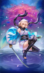 Rule 34 | 1girl, absurdres, ahoge, armpit peek, black bow, black footwear, black legwear, black scarf, blonde hair, bow, breasts, closed mouth, commentary request, dress, fate/grand order, fate (series), full body, hair between eyes, hair bow, highres, holding, holding sword, holding weapon, kacyu, looking at viewer, medium breasts, multicolored background, okita souji (fate), okita souji (koha-ace), open toe boots, purple bow, purple dress, scarf, short hair, smile, solo, sword, toenails, weapon, yellow eyes