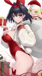 Rule 34 | 2girls, absurdres, animal ear hairband, animal ears, ass, black hair, blonde hair, blue eyes, bow, bow earrings, breasts, christmas present, earrings, fate/grand order, fate (series), gift, green eyes, grin, hair intakes, hat, highres, holding, holding sack, hololive, hololive english, jewelry, large breasts, leotard, mini person, minigirl, multiple girls, nero claudius (fate), nero claudius (fate) (all), ouro kronii, playboy bunny, rabbit ear hairband, rabbit ears, rabbit tail, red leotard, sack, santa hat, short hair, smile, somebody (leiking00), tail, virtual youtuber