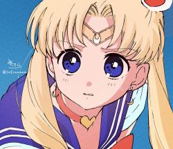 Rule 34 | 1girl, bishoujo senshi sailor moon, bishoujo senshi sailor moon s, blonde hair, blouse, blue background, blue eyes, blue sailor collar, choker, commentary request, crescent, crescent earrings, derivative work, earrings, from side, hair ornament, heart, highres, jewelry, long hair, looking at viewer, meme, parted bangs, parted lips, red choker, sailor collar, sailor moon, sailor moon redraw challenge (meme), sailor senshi uniform, screenshot redraw, shirt, short sleeves, signature, sofra, solo, tsukino usagi, twintails, twitter username, upper body, white shirt