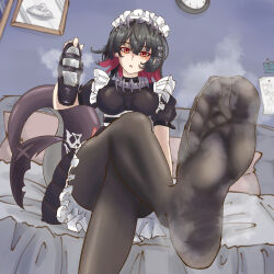 1girl absurdres black_hair black_pantyhose crossed_legs ellen_joe feet fish_tail highres looking_at_viewer maid medium_hair multicolored_hair pantyhose parted_lips red_eyes shark_tail shoes shubing_xiansheng single_shoe soles steam tail toes two-tone_hair unworn_shoes zenless_zone_zero