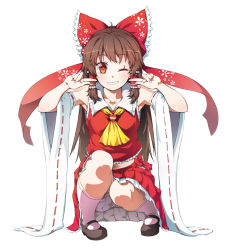Rule 34 | 1girl, armpits, ascot, bloomers, bow, brown eyes, brown hair, detached sleeves, finger to face, floral print, full body, grin, hair bow, hair tubes, hakurei reimu, kabayaki unagi, mary janes, midriff, nail art, navel, one eye closed, orange eyes, red eyes, ribbon-trimmed sleeves, ribbon trim, shoes, sidelocks, simple background, skirt, smile, solo, squatting, touhou, underwear, upskirt, wide sleeves, wink