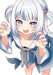Rule 34 | 1girl, animal costume, blue eyes, blue hair, blue hoodie, blue nails, blunt bangs, blush, breasts, claw pose, downblouse, fins, fish tail, gawr gura, gawr gura (1st costume), grey hair, hair ornament, highres, hololive, hololive english, hood, hoodie, looking at viewer, medium hair, nail polish, shark costume, shark girl, shark hair ornament, shark tail, sharp teeth, sidelocks, small breasts, tail, teeth, torinokawori, two side up, upper teeth only, virtual youtuber, white background