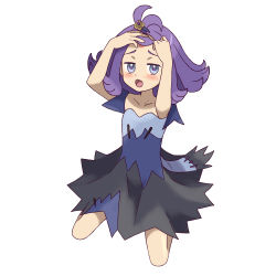 Rule 34 | 1girl, absurdres, acerola (pokemon), asatsuki (fgfff), blue dress, blush, collarbone, commentary request, creatures (company), dress, flipped hair, full body, game freak, grey dress, grey eyes, hair ornament, hairclip, hands up, highres, kneeling, looking at viewer, medium hair, multicolored clothes, multicolored dress, nintendo, open mouth, pokemon, pokemon sm, purple hair, raised eyebrows, short sleeves, simple background, solo, stitches, tongue, topknot, torn clothes, torn dress, white background