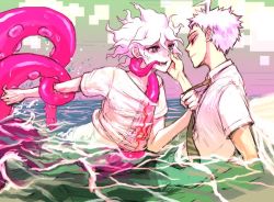 Rule 34 | 2boys, ahoge, brown eyes, collared shirt, commentary, danganronpa (series), danganronpa 2: goodbye despair, english commentary, hand on another&#039;s face, hinata hajime, hinata hajime (awakened), implied anal, in water, komaeda nagito, looking at another, male focus, multiple boys, necktie, necktie grab, neckwear grab, open mouth, outdoors, pale skin, pants, print shirt, red eyes, shirt, short hair, short sleeves, smile, tearing up, tentacle sex, tentacles, upper body, white hair, white shirt, yandr4hope